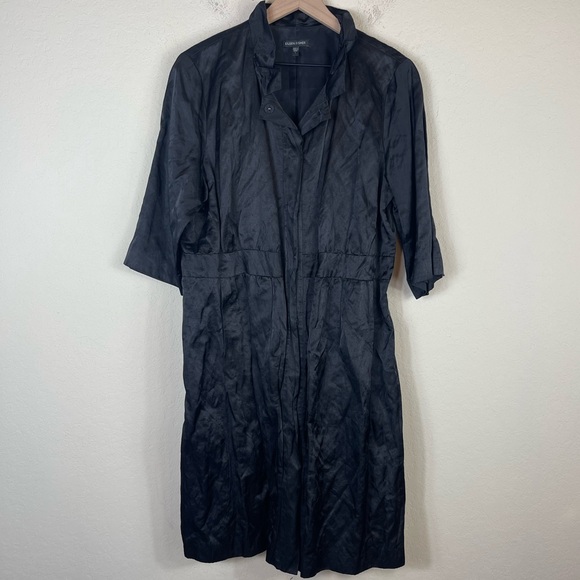 Eileen Fisher Satin Metallic Snap Front Ruffle Neck Dress in Black Size Large - Picture 3 of 7